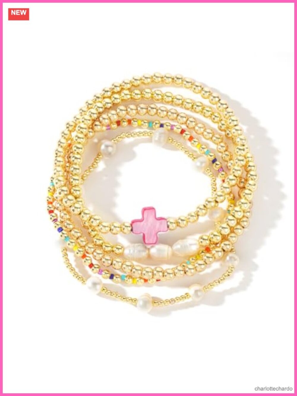 14K Gold Plated Pearl Beaded Cross Bracelets Stack Set for Women, Boho Stretch